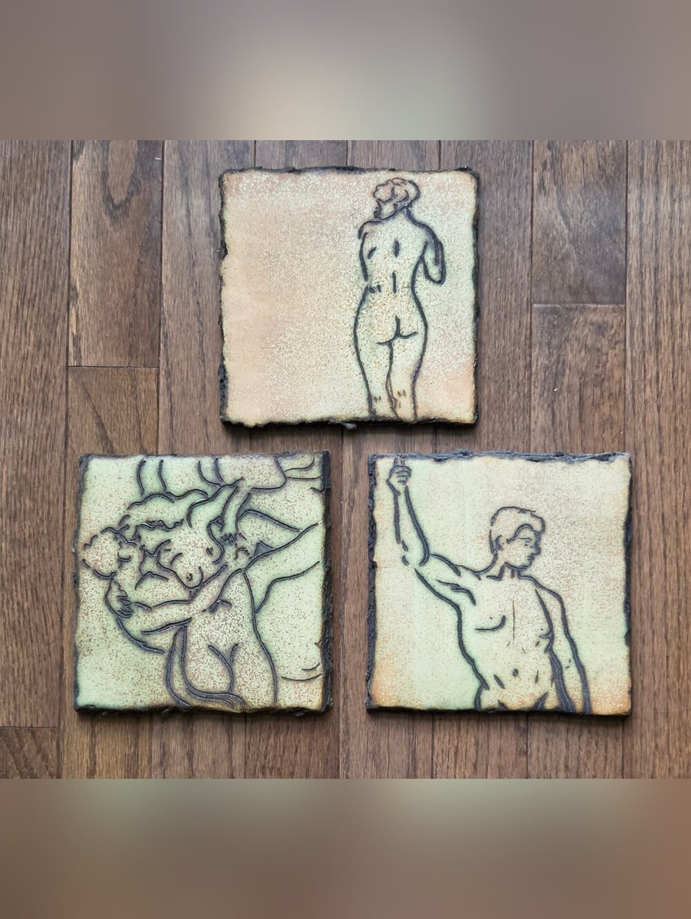 ​MITCH YUNG Signed Nude Ceramic Art Tiles Wall Plaques Set of 3 Studio Pottery